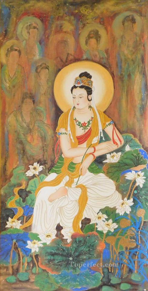 Golden Lotus Handpainted Kwan Yin Bodhisattva Buddhism Oil Paintings